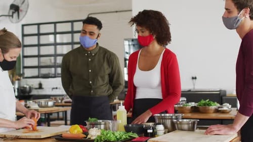 Cooking Class in Kitchen with Face Masks