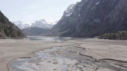 Drone view of a dried lake in the Swiss Alps