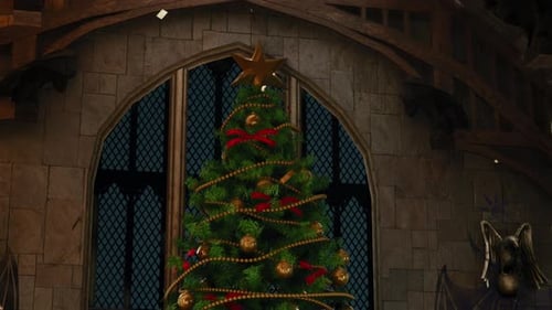 Falling Gold Confetti Around Christmas Tree in Gothic Hall