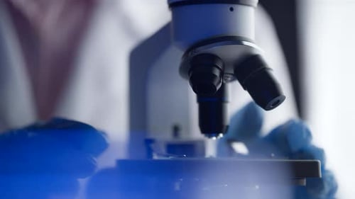 Virologist or Scientist is Looking Into Microscope