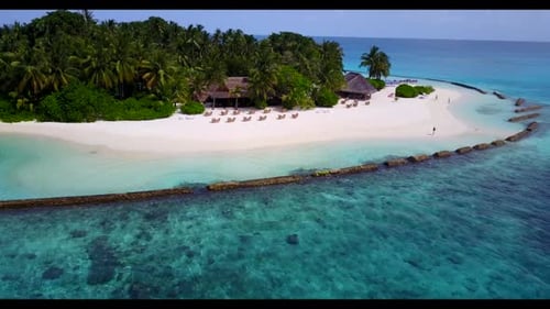 Aerial drone view tourism of relaxing island beach break by transparent ocean and white sandy backgr