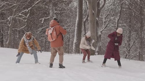 Cheerful Friends Playing Snowballs in Forest