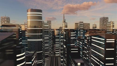 3d render of abstract bright city with skyscrapers. Simple forms of buildings
