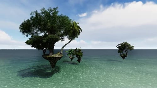 Floating Tropical Islands in Dreamy Ocean Landscape Animation