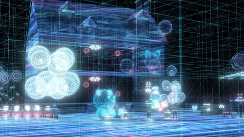 Futuristic Digital House Wireframe With Data Visualization