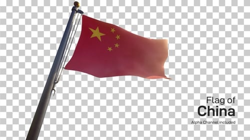 Waving China Flag on Pole with Transparent Background