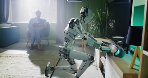 Robotic Housekeeper Wiping Dust Near Owner