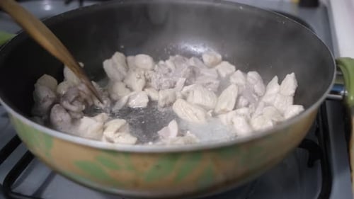 Diced Meat Cooking in Skillet on Stovetop