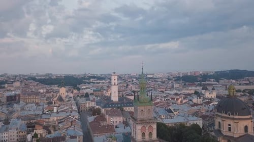 Aerial City Lviv, Ukraine. European City. Popular Areas of the City. Town Hall