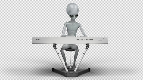 Animated Grey Alien Playing Keyboard for Sci-Fi Music