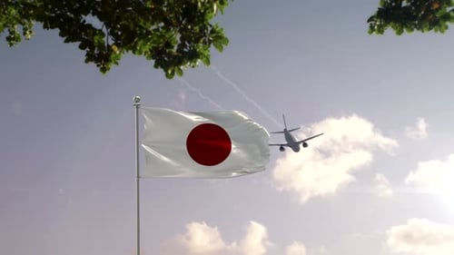 Japanese Flag Waving with Airplane and City Skyline Background