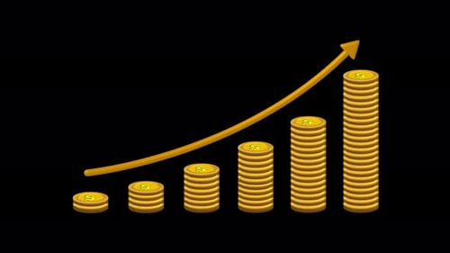Animated Gold Coin Stacks with Upward Growth Arrow
