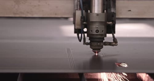 Modern Technological Cnc Cutting Power Action on Metallic Horizontal Ironwork Object Hot Gas