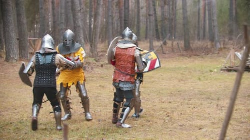 Quatre chevaliers masculins ayant un combat d'entraînement sur le terrain
