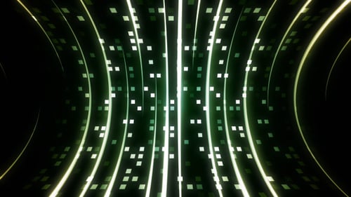 Futuristic Glowing Tunnel with Flashing Digital Squares Background