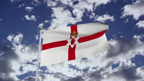 Northern Ireland Flag Waving Against Blue Sky with Clouds