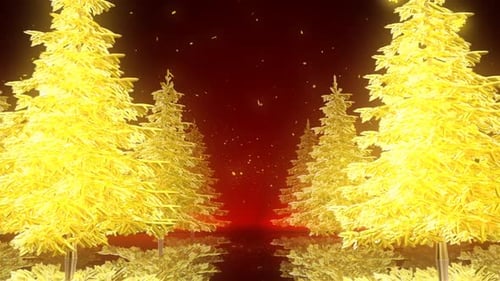 Golden Christmas Tree Forest With Falling Snowflakes Loop