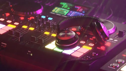 Set de DJ con auriculares en un denso ambiente de club de niebla con luces de colores. 4KHD