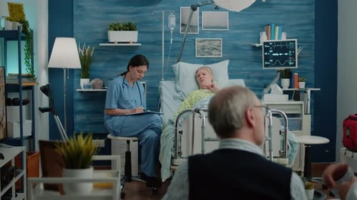 Medical Nurse Consulting Senior Woman About Treatment