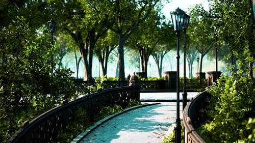 Serene Park Pathway with Lush Green Trees and Sunlight