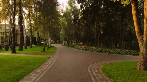 Walk in a Park on Cobblestone Sidewalk