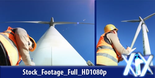 Engineer Inspecting Wind Turbine at Sunny Rural Field