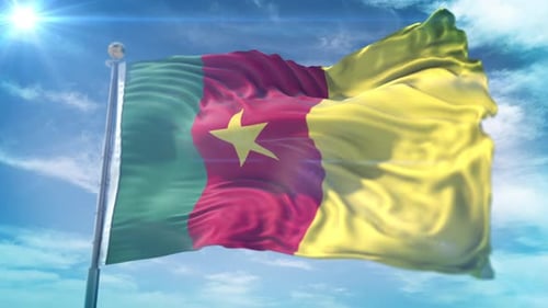 Cameroon National Flag Waving Animation Against Blue Sky