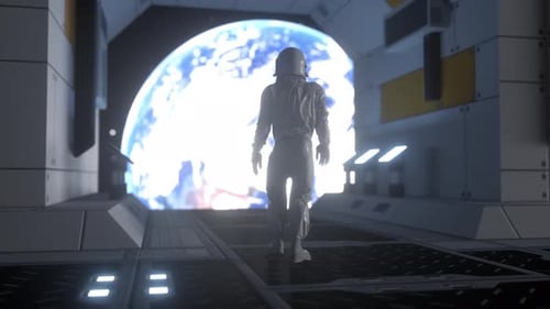 Sci-fi Astronaut Walks Toward Planet Earth in Space Corridor