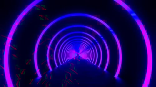 Looped Abstract Background of Flight Inside Iridescent Neon Circles Tunnel