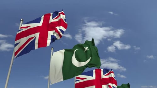 Pakistan and United Kingdom Flags Waving in Wind