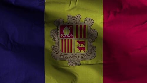 Andorra National Flag Waving with Coat of Arms Loop