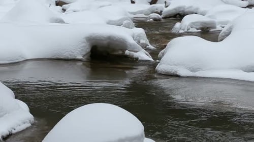 River flowing in winter with rocks and snow