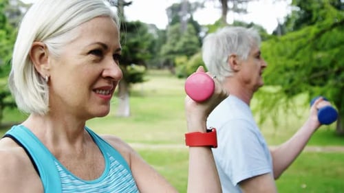 Senior couple excercising with dumbbells in the park