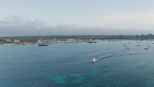 Deep sea fishing boat at sunrise at Watamu, Malindi, Kenya, Aerial drone view