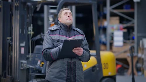 Caucasian Male Employee Standing in Industrial Warehouse Looking Up and Writing with Pen in