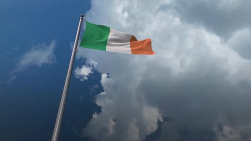 Waving Ireland Flag on Flagpole with Cloudy Sky Background