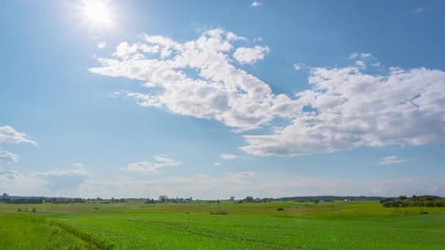 Green fields, sun and clouds