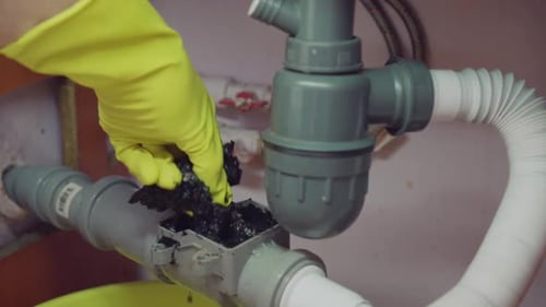 Limpando um bloqueio na válvula de retenção de encanamento na cozinha Uma mão em uma luva amarela se retira