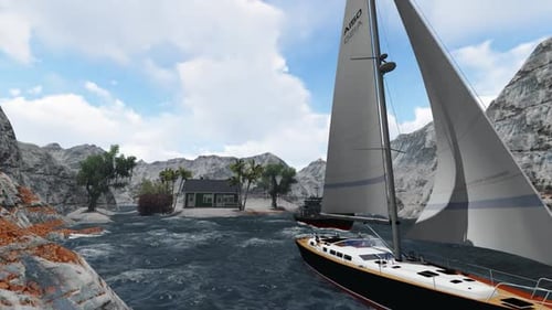 3D Animated Sailboat and Patrol Boat on Choppy Waters