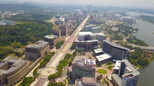 Aerial view of Putra mosque with garden landscape design and Putrajaya Lake, Putrajaya