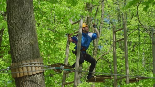 Man traverses ropes course in sunny forest
