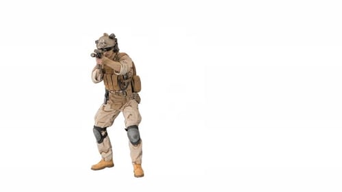 Soldado se movendo de um lado para o outro mirando com o rifle em fundo branco