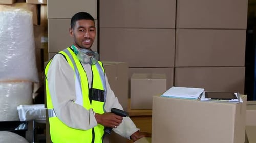Lagerarbeiter scannt Barcodes auf Kartons