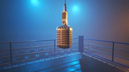Animation with metal vintage microphone hanging down above the empty boxing ring