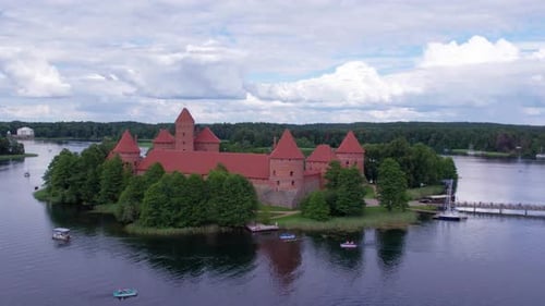 smooth aerial footage of the ancient Trakai castle on the island