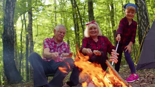 Family Camping and Cooking Sausages over a Campfire