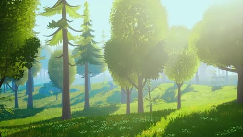 Cartoon Green Forest Landscape with Trees and Flowers