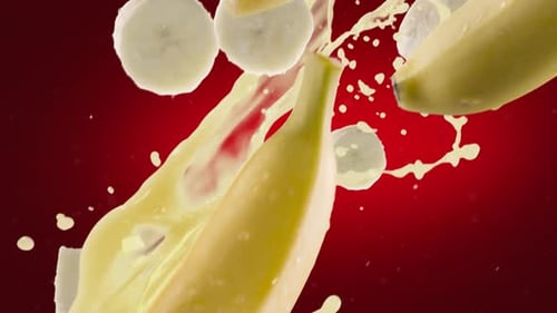 Plátano con rodajas cayendo sobre fondo rojo intenso