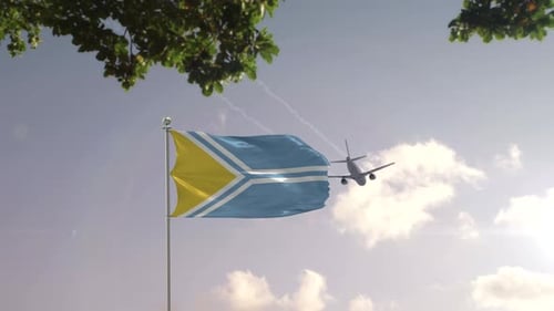 Realistic Flag Waving with Airplane Flying Over Modern City