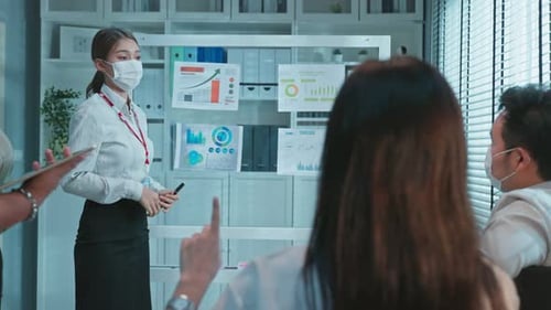 Group of Asian businessman and woman people wear mask, meeting in office.